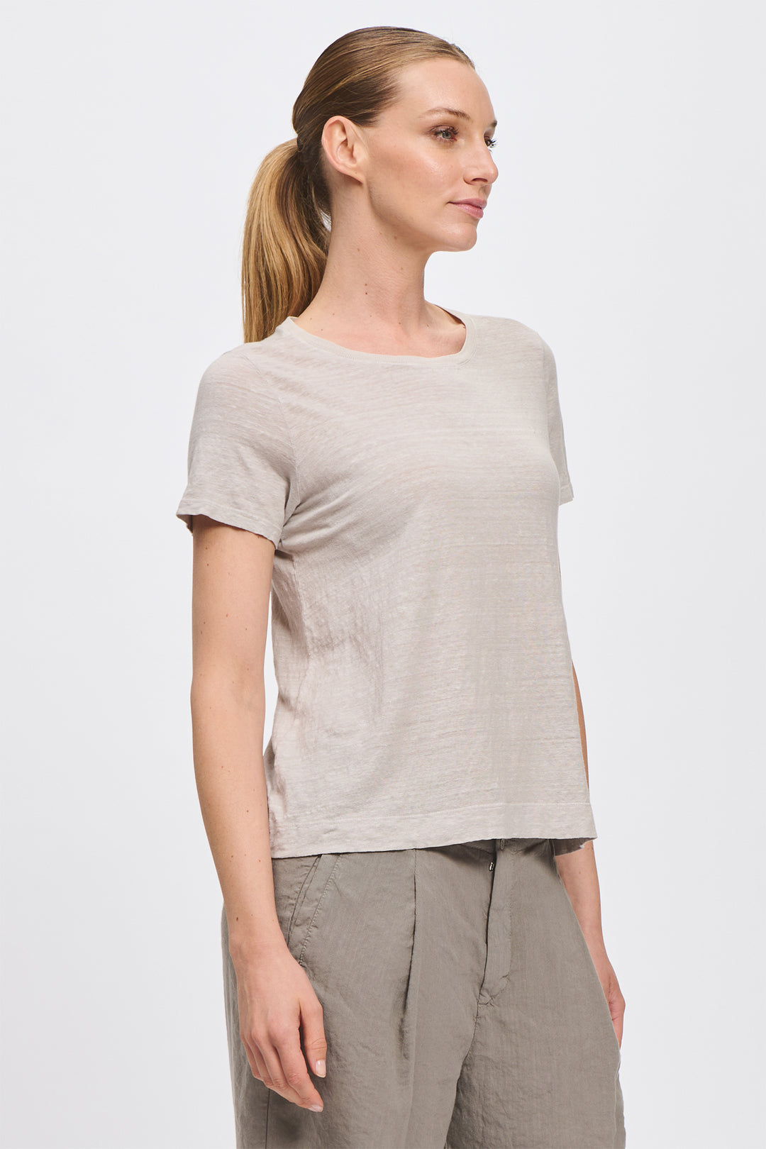 Transit CFDTRCK206 Rope Beige V-Neck Linen Jersey T-Shirt 21