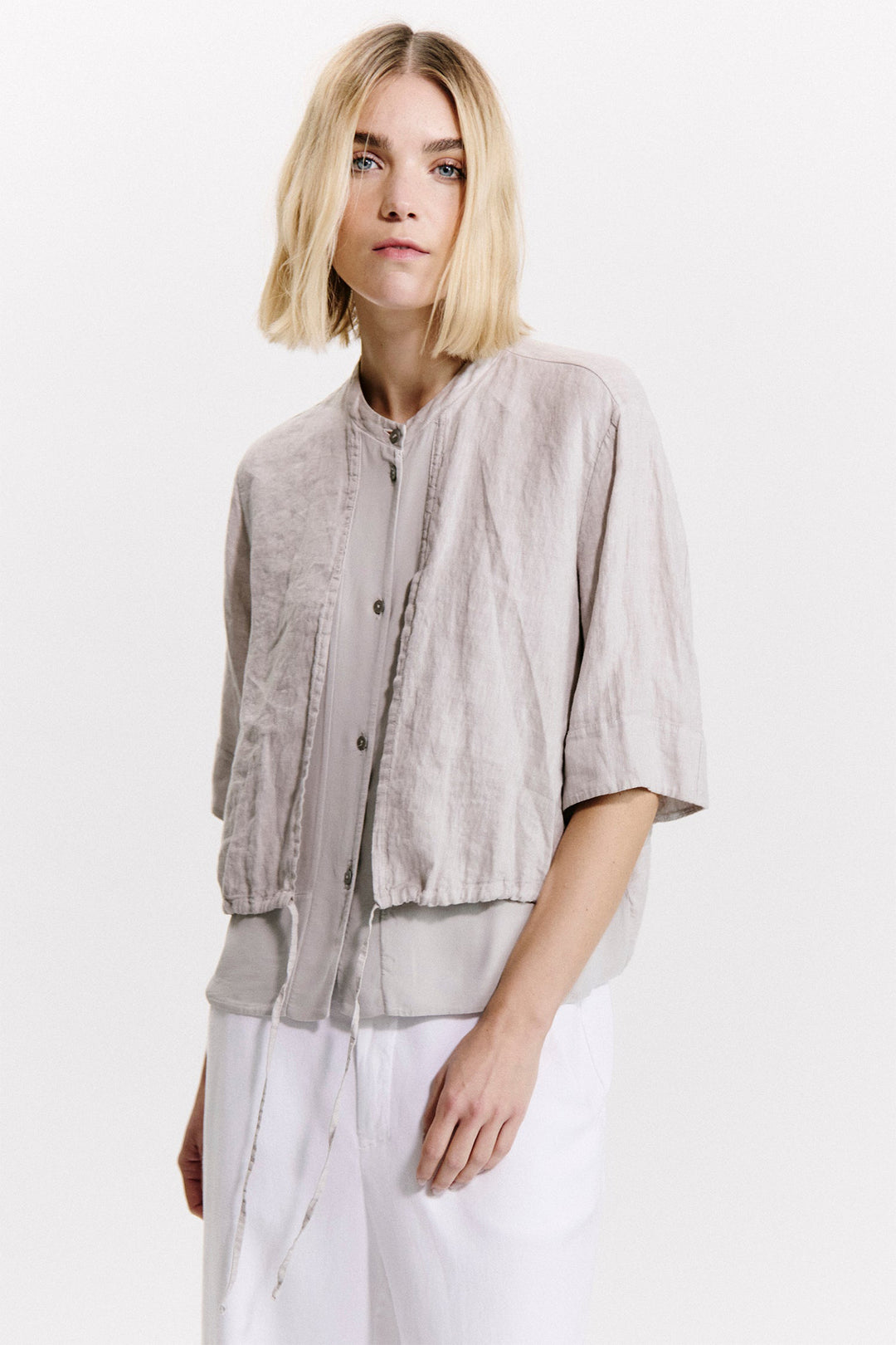 Transit CFDTRZE143 Linen Mix Shirt Mandarin Collar Grey - Lonah Boutique