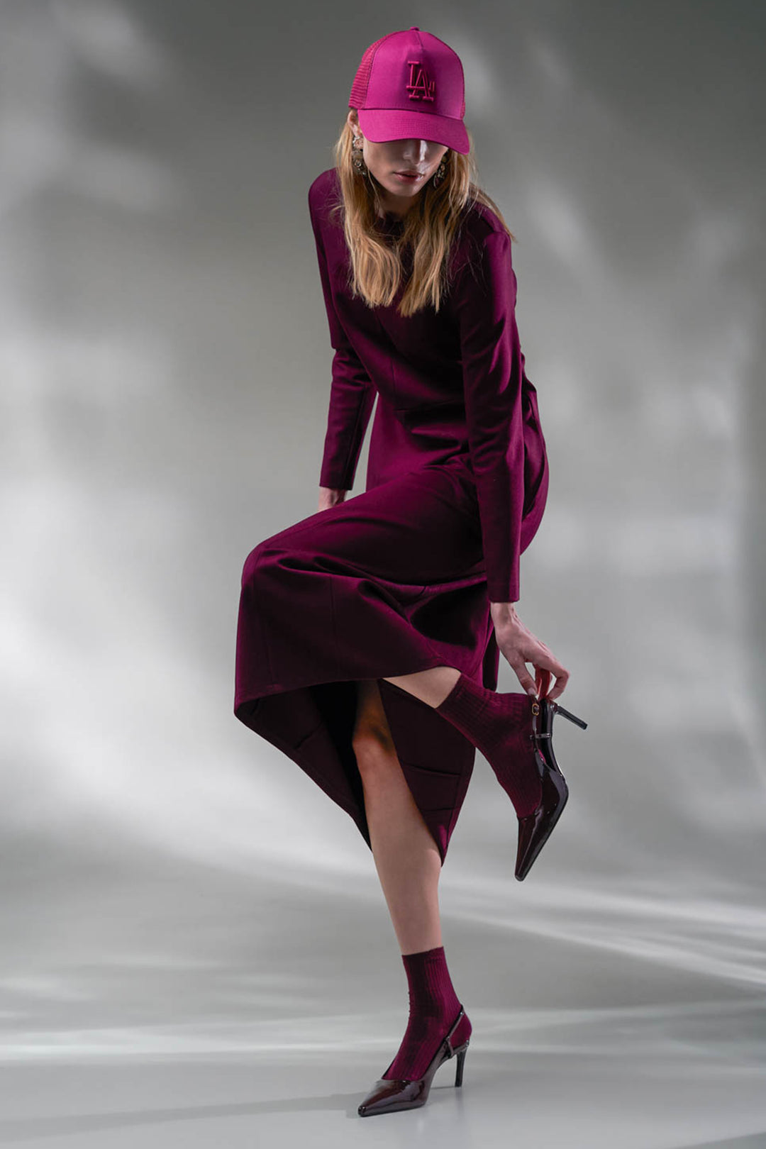 Vicario Cinque Adalia 611 Burgundy Red Midi Dress, styled showing the side split