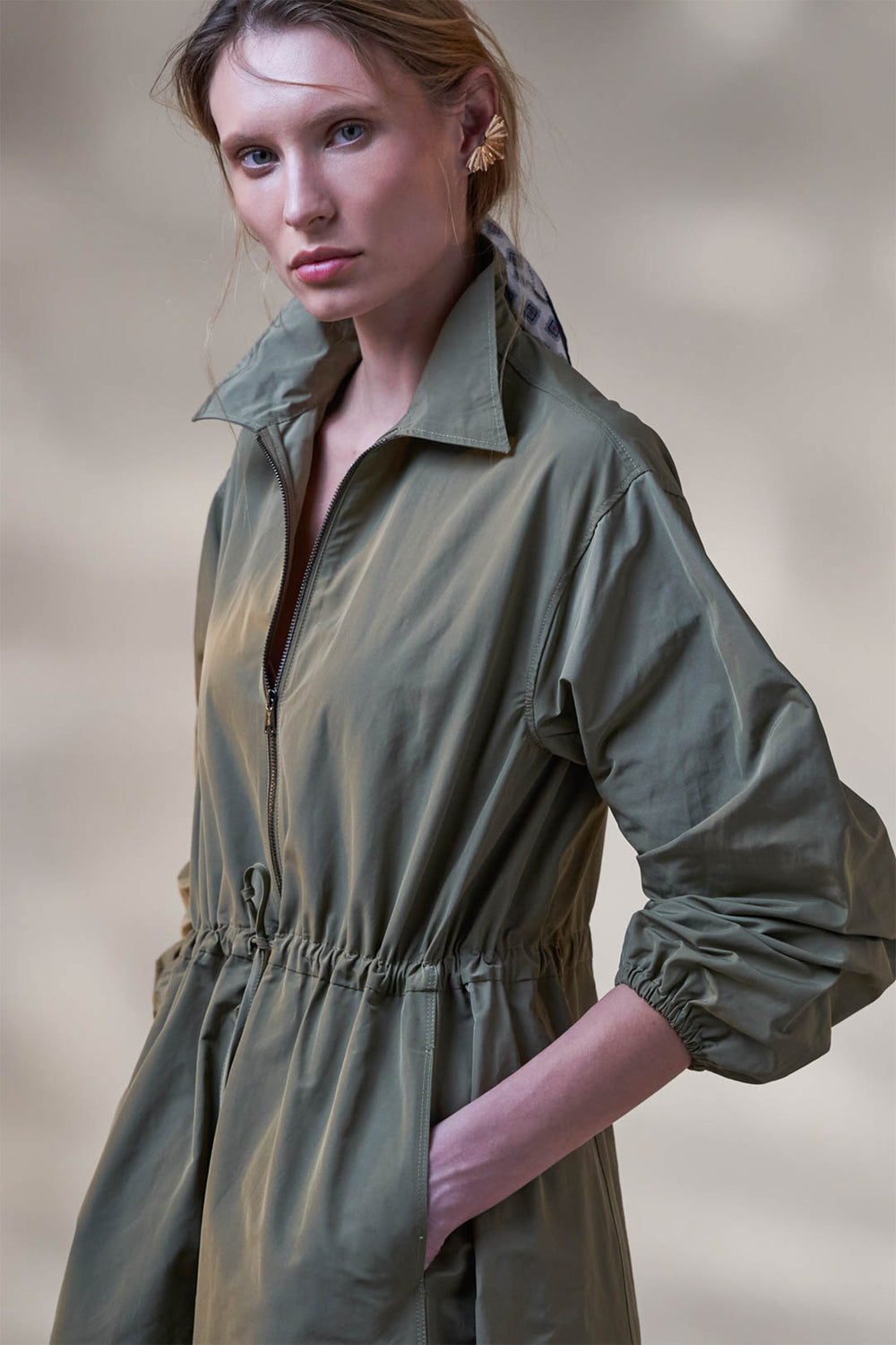 Vicario Cinque Algeria 2484 Green Shirt Dress, front view with hands in pockets