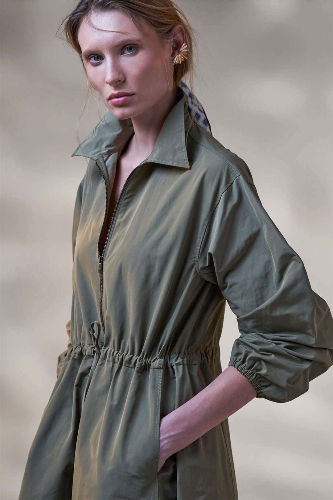 Vicario Cinque Algeria 2484 Green Shirt Dress, front view with hands in pockets