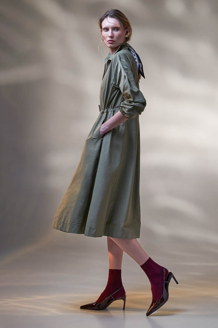Vicario Cinque Algeria 2484 Green Shirt Dress, side view styled with a silk scarf