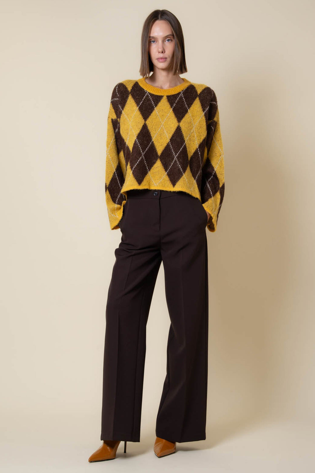 Vicario Cinque Palombo 606 Brown Wide Leg Trousers, full length with an argyle jumper