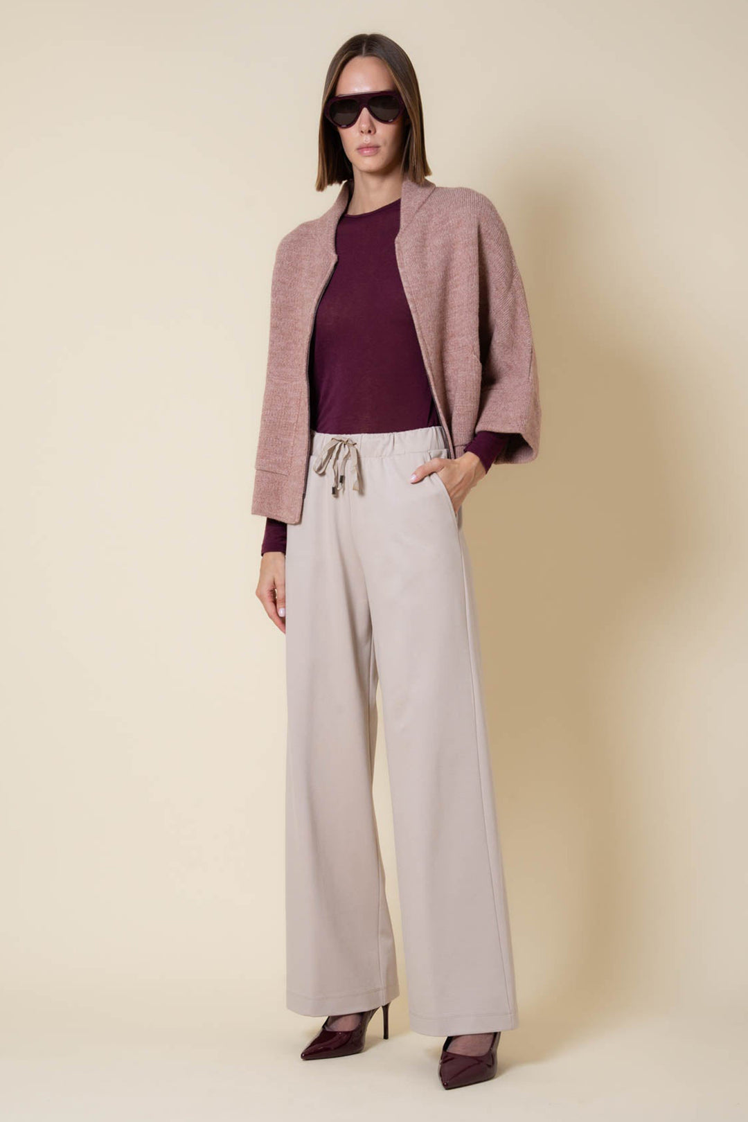 Vicario Cinque Postumia 1761 Beige Wide Leg Trousers, full length with a knit cardigan