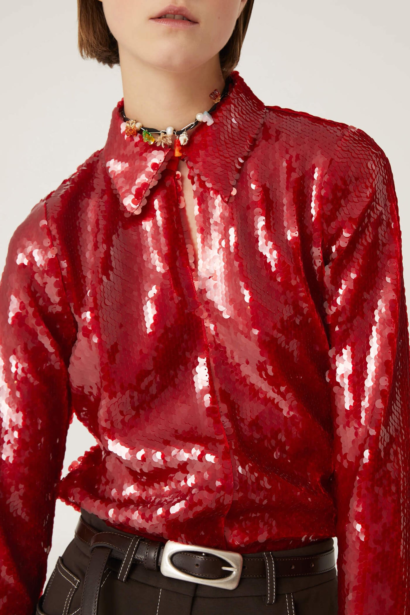Beatrice B 4964 Goji Red Jelly Macro Sequin Blouse - Lonah Boutique