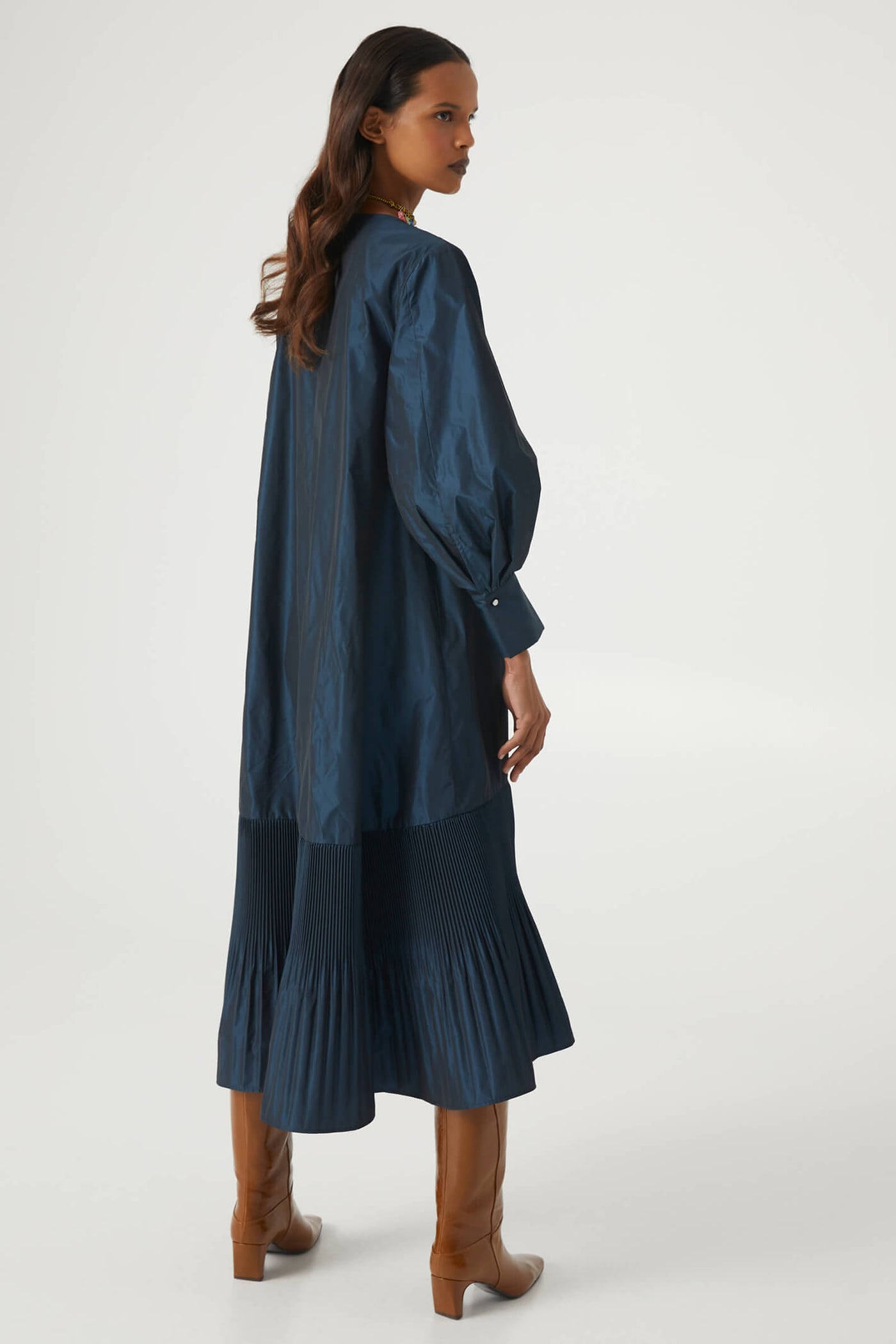 Beatrice B 6837 Ionio Blue Taffeta Dress With Micro Pleats - Lonah Boutique