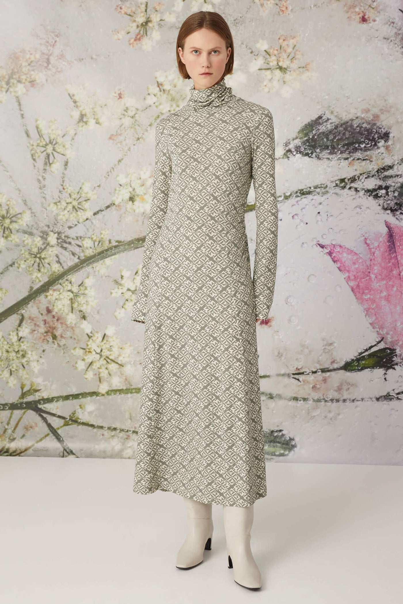 Beatrice B 6847 Sage Green Geo Print Long Jersey Dress - Lonah Boutique