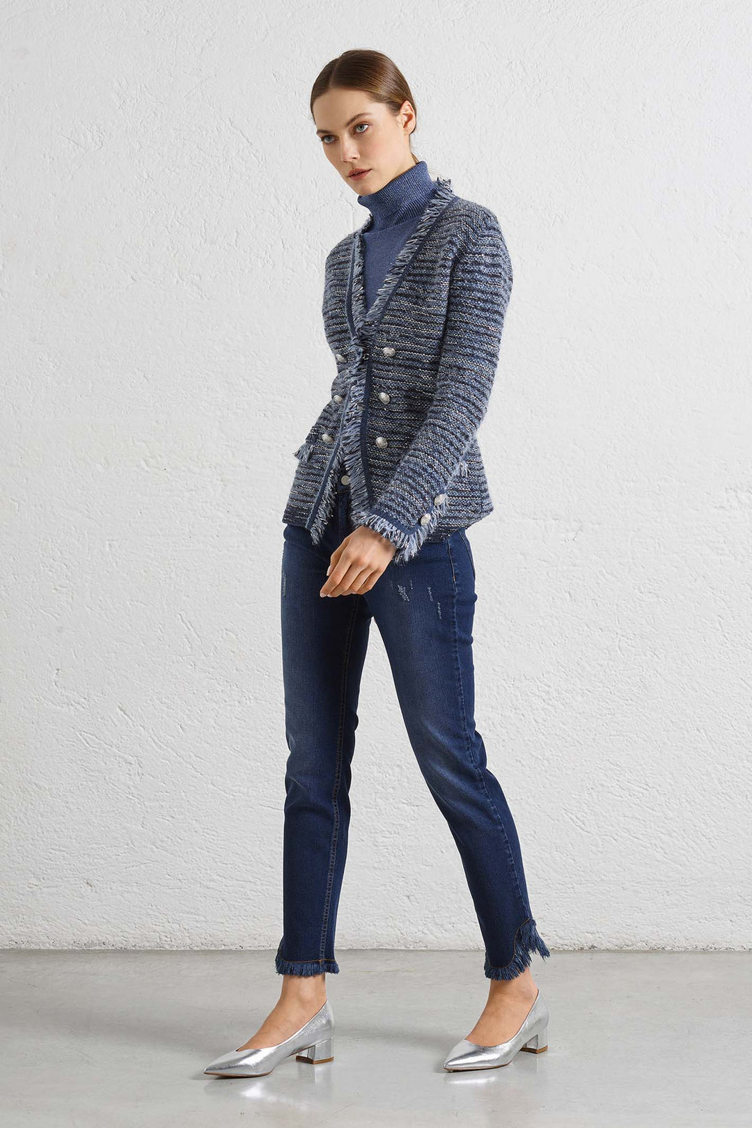 D Exterior 53417 Blue Tweed Style Fray Edged Jacket - Lonah Boutique