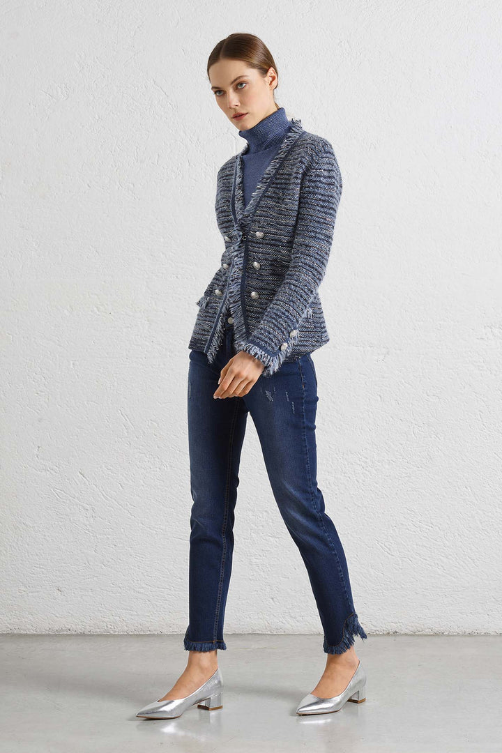 D Exterior 53417 Blue Tweed Style Fray Edged Jacket - Lonah Boutique
