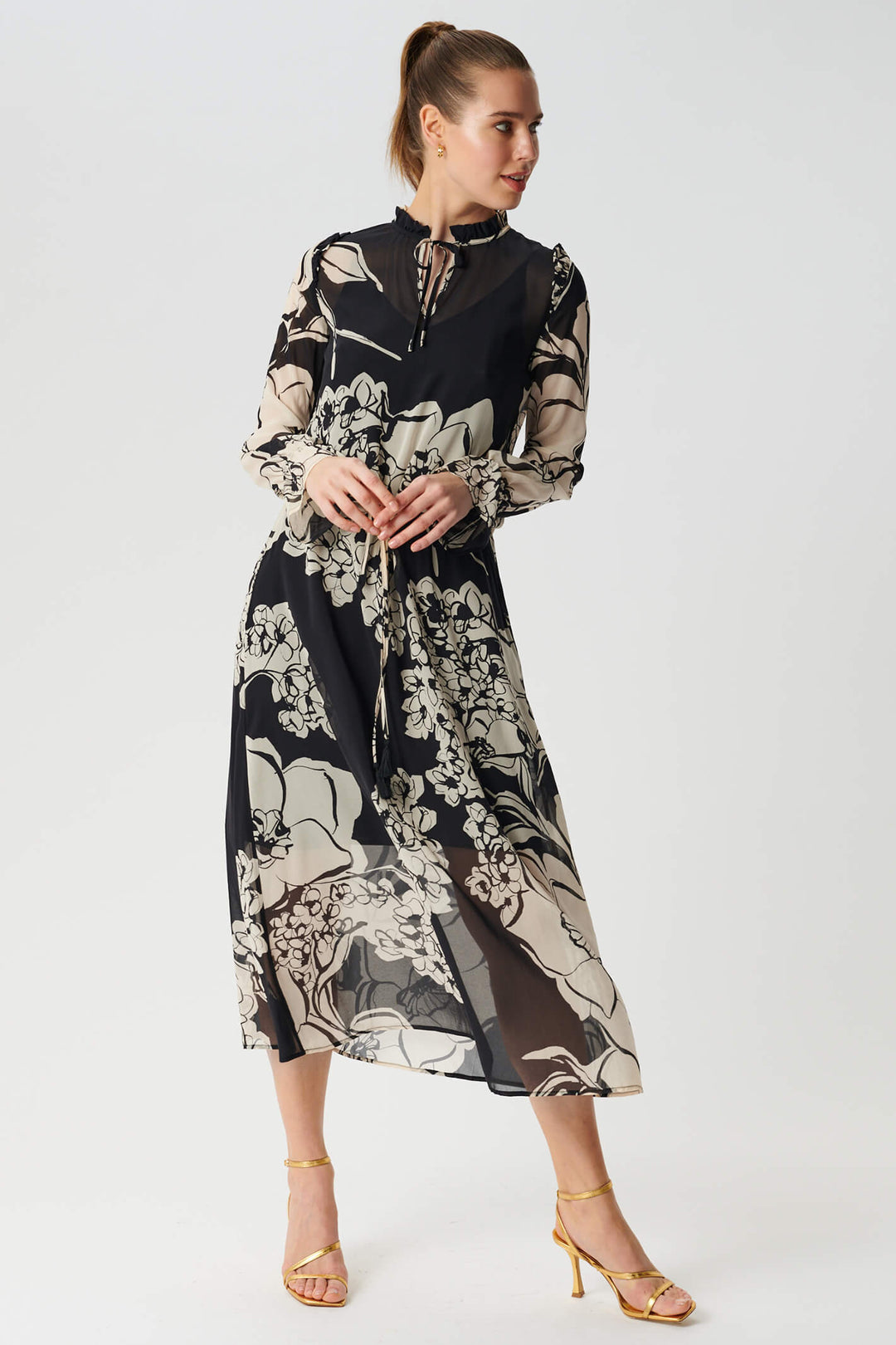 Dea Kubidal Irina 33-1022-5596 Black Big Floral Coal Midi Floral Dress - Lonah Boutique