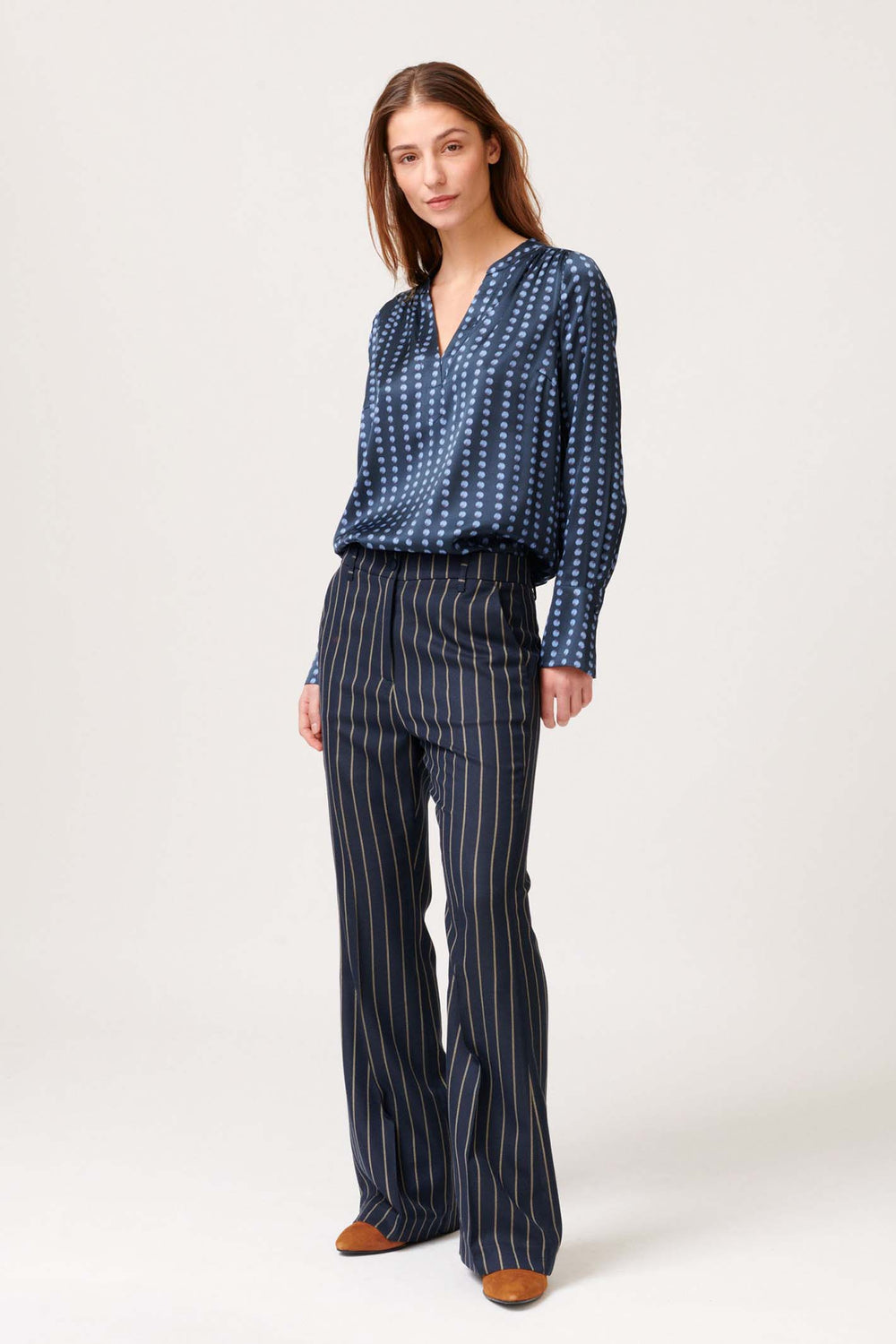 Dea Kudibal Jennifer Blue Pearl Print V-Neck Silk Top - Lonah Boutique
