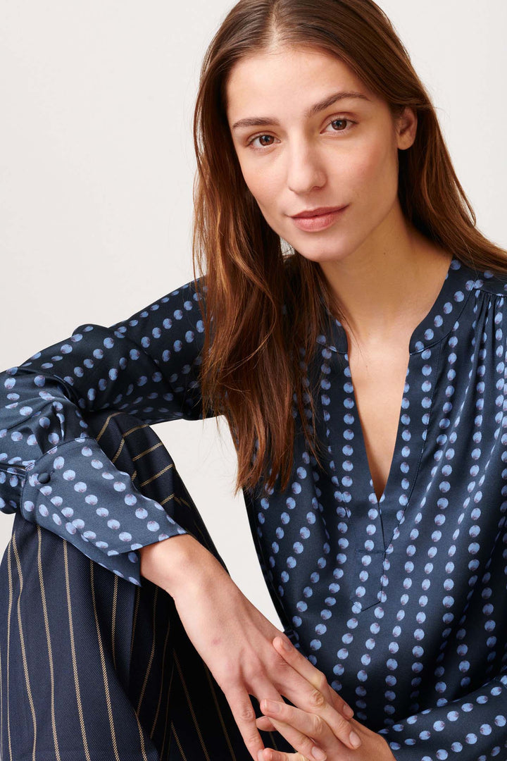 Dea Kudibal Jennifer Blue Pearl Print V-Neck Silk Top - Lonah Boutique