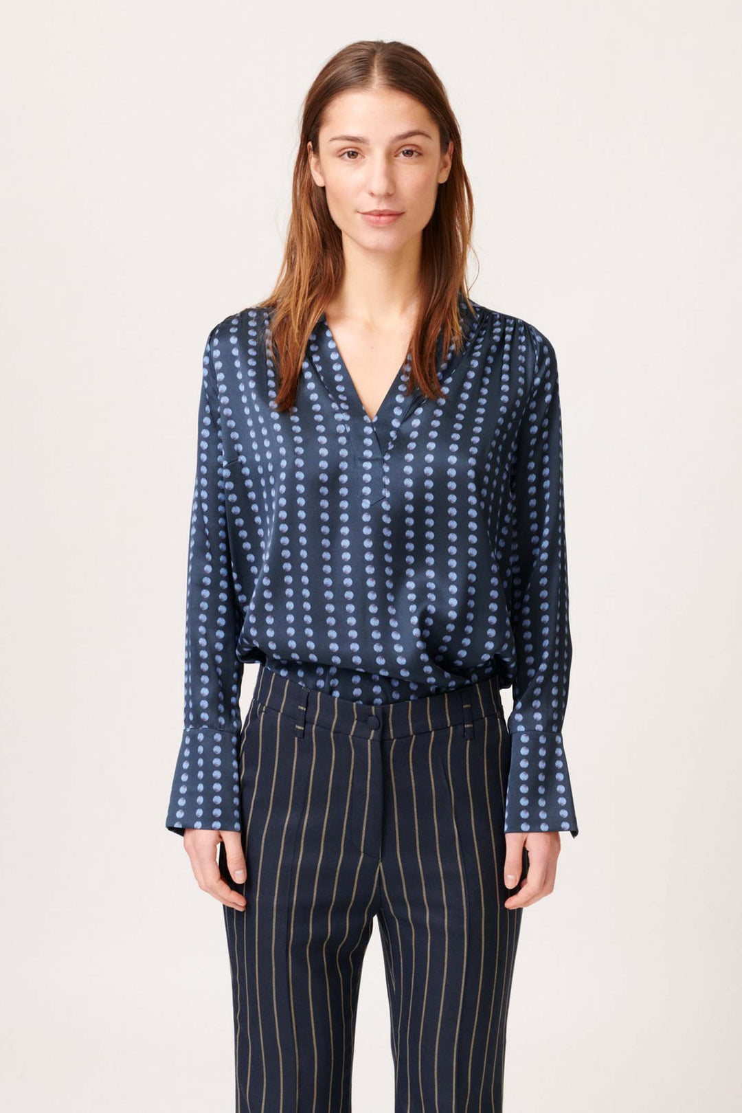 Dea Kudibal Jennifer Blue Pearl Print V-Neck Silk Top - Lonah Boutique