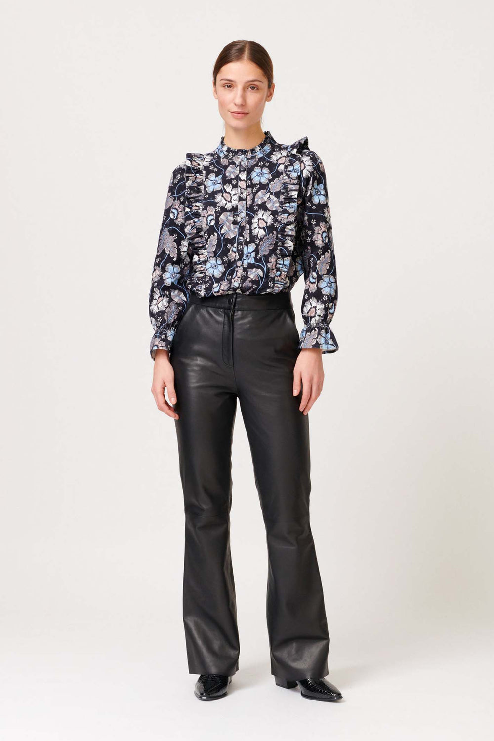 Dea Kudibal Melody Mystic Blue Floral Ruffle Shirt - Lonah Boutique