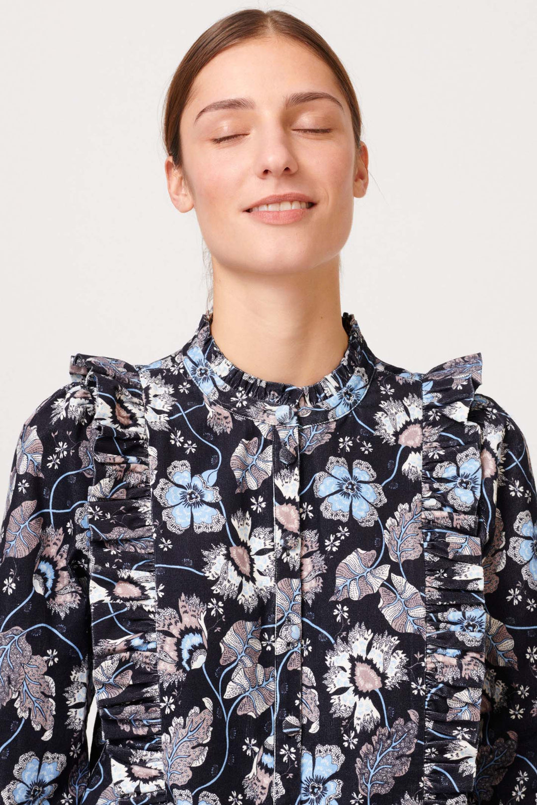 Dea Kudibal Melody Mystic Blue Floral Ruffle Shirt - Lonah Boutique