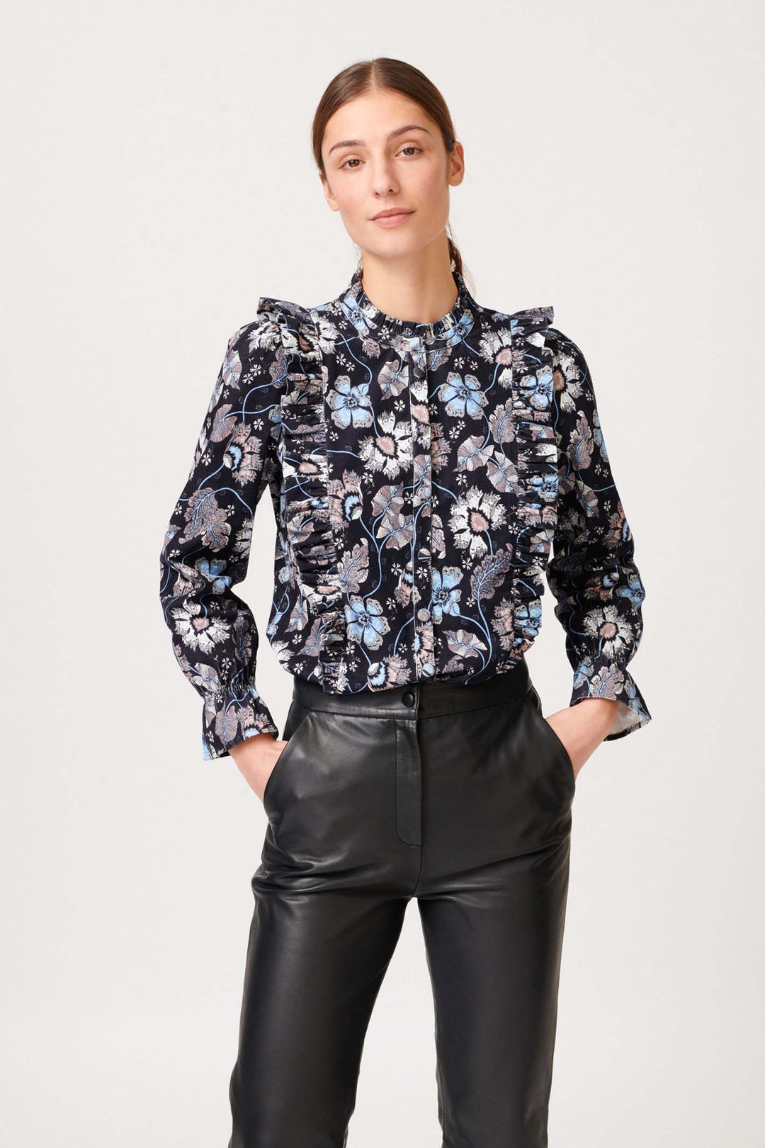 Dea Kudibal Melody Mystic Blue Floral Ruffle Shirt - Lonah Boutique