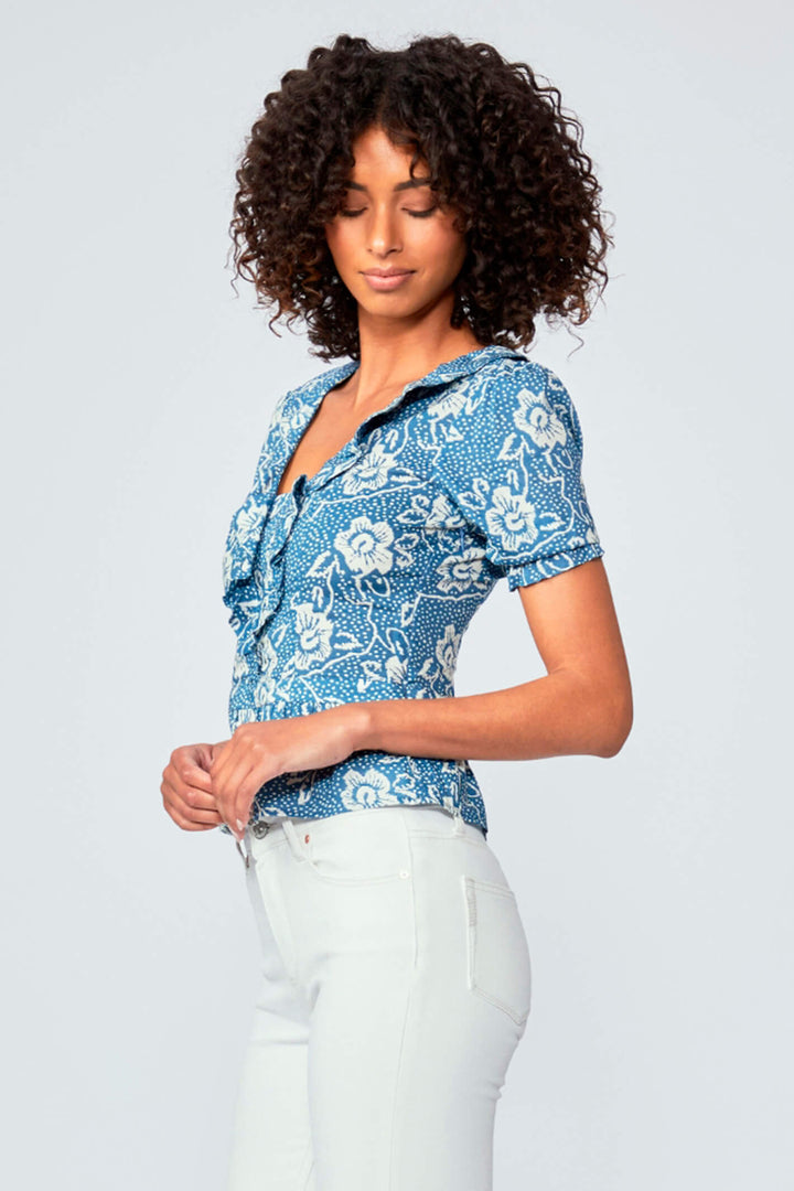 Paige Cayenne Navy Floral Print Short Sleeve Blouse - Lonah Boutique