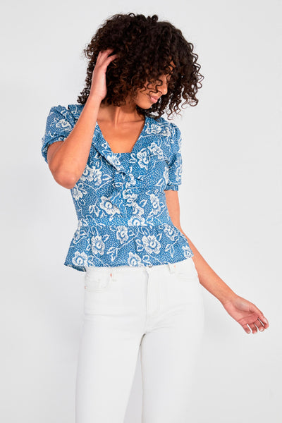 Paige Cayenne Navy Floral Print Short Sleeve Blouse - Lonah Boutique