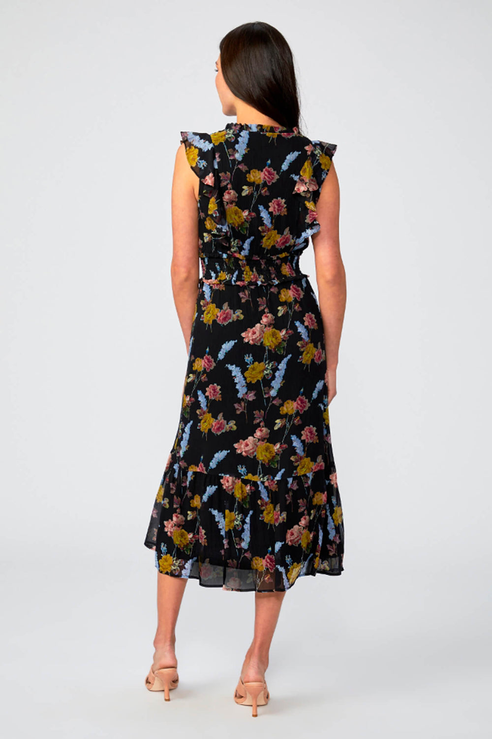 Paige Katharina Black Floral Print Cap Sleeve Silk Dress -  Lonah Boutique