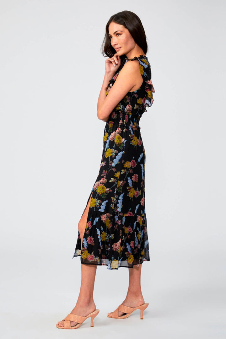 Paige Katharina Black Floral Print Cap Sleeve Silk Dress -  Lonah Boutique
