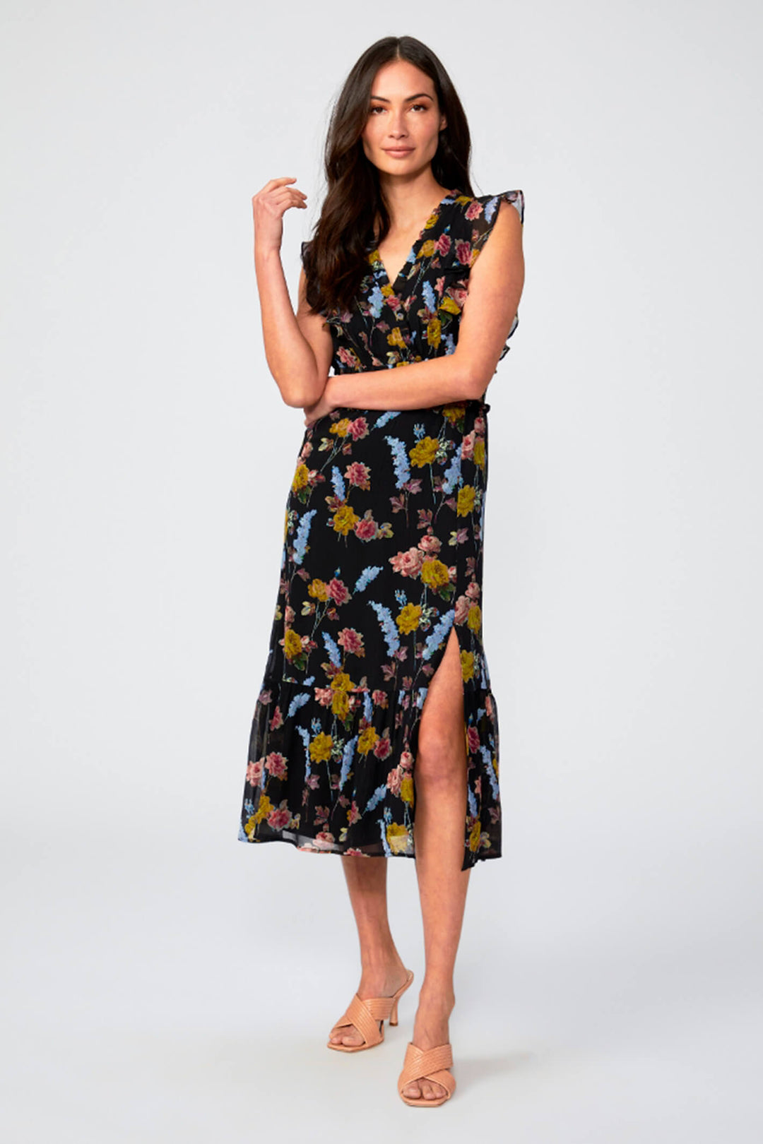 Paige Katharina Black Floral Print Cap Sleeve Silk Dress -  Lonah Boutique