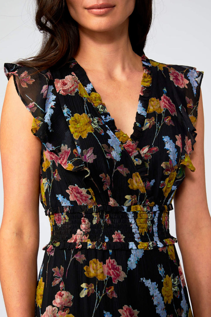 Paige Katharina Black Floral Print Cap Sleeve Silk Dress -  Lonah Boutique