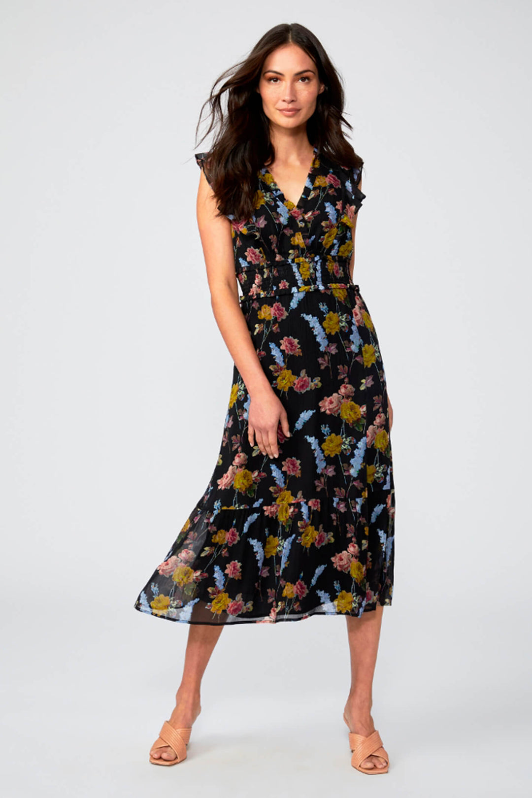 Paige Katharina Black Floral Print Cap Sleeve Silk Dress -  Lonah Boutique